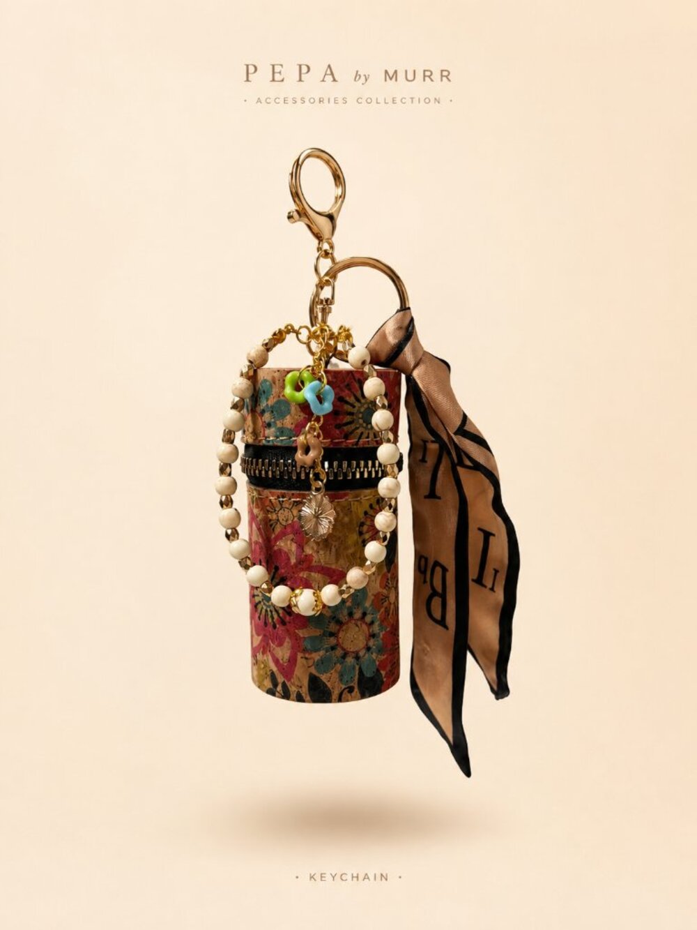 Floral Kawaii Keychain with Beads & Ribbon Charm